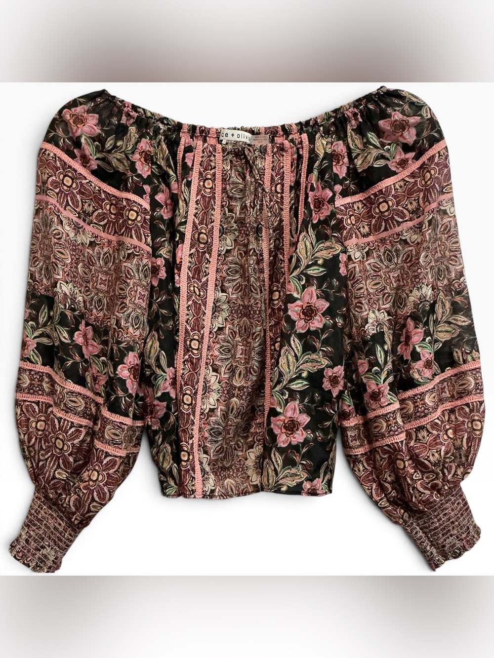 Alice + Olivia Alta Floral Cotton Silk Off the Shoulder Puff Sleeve Blouse XS